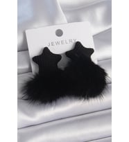 Siyah Renk Tüylü Yıldız Ponpon Model Kadın Küpe
