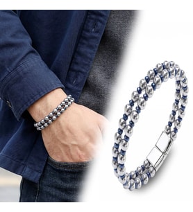 Moncuk Design Çift Gümüş Ve Mavi Renk Hematit Çelik Erkek Bileklik 33512B20D3