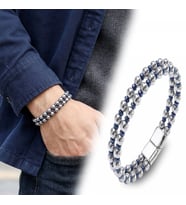 Moncuk Design Çift Gümüş Ve Mavi Renk Hematit Çelik Erkek Bileklik 33512B20D3
