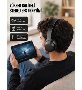 Bluetooth 5.0 Siyah Kablosuz Kulaklık 18 Saat Batarya Katlanabilir Tasarım Yeni Nesil