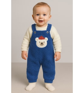 Ayı Nakışlı Kışlık Peluş Welsoft Bebek Tulum-Mavi