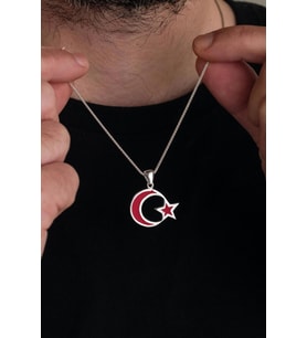 25 MM GÜMÜŞ KIRMIZI AY YILDIZ BAYRAK ERKEK KOLYE