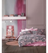 %70 Pamuklu Çift Kişilik Nevresim Takımı Yorgan Kılıfı Seti + Lastikli Çarşaf +2 Yastık Kılıflı-KALP DESEN (Pembe-Kalp-Love)