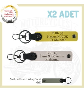 Biker Dostlarına Özel, İsim Plaka ve B Rh (-) Kan Grubu, Hediyelik Deri x2 Anahtarlık, Pudra-Sarı-Gr (Çok Renkli)