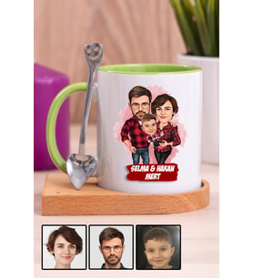 Üç Kişilik Aileye İlginç Hediye Karikatürlü Ahşap Altlıklı Yeşil Kupa Bardak