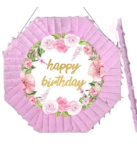 Pinyata HAPPY BİRTHDAY 42 cm sopalı PEMBE GÜLLÜ