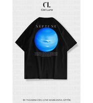 Nevermind Unisex Kadın Erkek Neptün Baskılı Özel Tasarım Oversize T-shirt (Siyah)