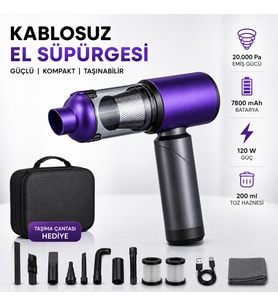20.000 Pa Kablosuz Araç Süpürgesi 120W Güçlü Emiş 7800 mAh Şarjlı El Süpürgesi 8 Başlıklı HEPA Filtreli Mini Vakum