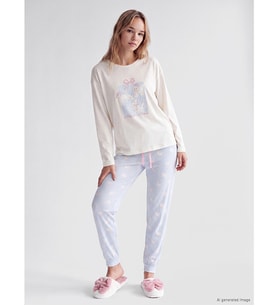LCW DREAM Mavi Bisiklet Yaka Baskılı Kadın Pijama Takımı