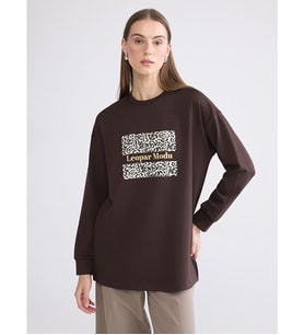LCW EVERYDAY Kahverengi Baskılı Oversize Kadın Sweatshirt Tunik