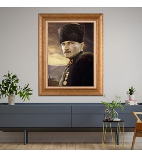 Altın Varaklı Çerçeveli Paspartulu Atatürk Tablo z4602 (Gold)