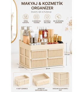 Luna Dört Çekmeceli Krem Renkli Makyaj ve Kozmetik Organizer