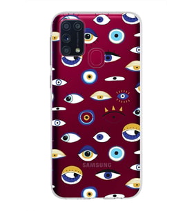 PrintiFy Samsung Galaxy M31 ile Uyumlu 1mm Slim Fit Nazar Boncuğu 2 Baskılı Şeffaf  Kılıf