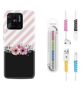 Xiaomi Poco X3 Pro M4 Pro X4 Pro C40 10C Kılıf Kablo Koruma Spiral Silikon Strip Pink Flowers 1396