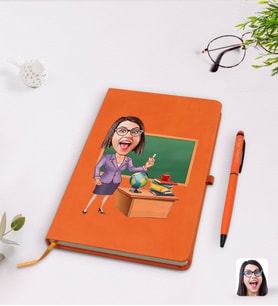 BK Gift Kişiye Özel Kadın Öğretmen Karikatürlü Turuncu Termo Deri Defter Kalem Seti Model 1
