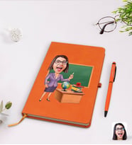 BK Gift Kişiye Özel Kadın Öğretmen Karikatürlü Turuncu Termo Deri Defter Kalem Seti Model 1