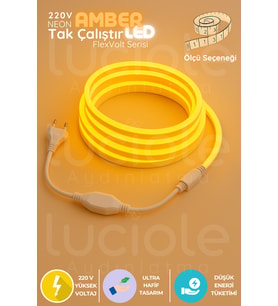 20 Metre FlexVolt Amber Neon LED Şerit – 220V Tak Çalıştır Fişli Sıcak Turuncu Işık Dekoru