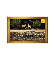 Soyut Geyikler Motifli Kanvas Tablo 80 x 110 cm Gold Çerçeve