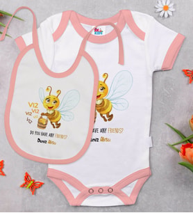 BK Kids Kişiye Özel Sevimli Arı Tasarımlı Pembe Bebek Body Zıbın ve Mama Önlüğü Hediye Seti