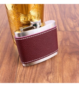 Perlotus 5 Oz-150 cc Hunili Kahve Brown Deri Kılıf Çelik Viski İçki Konyak Matar