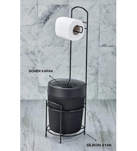 Lüks Banyo Mutfak Çöp Kovası Metal Standlı Tuvalet Wc Kağıtlık Seti (Mat Siyah)