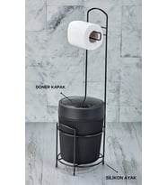 Lüks Banyo Mutfak Çöp Kovası Metal Standlı Tuvalet Wc Kağıtlık Seti (Mat Siyah)