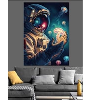 Uzayda Jöle Balığı Tutan Astronot Dekoratif Kanvas - Mdf Ahşap Tablo