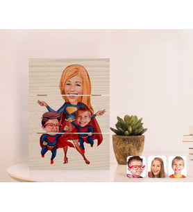 BK Gift Kişiye Özel Süper Anne ve Süper Çocuklar Karikatürlü Otantik Masaüstü Ahşap Palet Çerçeve-1 (Beyaz)