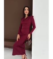 Bordo Taşlı Degaje Yaka Omuzları Vatkalı Uzun Kollu Balık Abiye Elbise