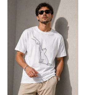 Erkek Minimal Kedi Çizim Baskılı Tişört Kısa Kol Yazlık T-Shirt - Beyaz