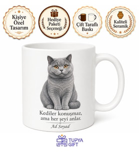 İsme Özel British Shorthair Desenli Kupa Bardak Kedi Severlere Hediye