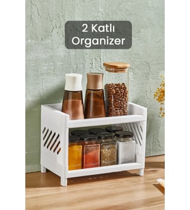 2 Katlı Beyaz Plastik Çok Amaçlı Makyaj Banyo Ofis Raf Organizeri MIT1279
