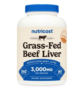 Nutricost Grass Fed Desiccated Beef Liver 3000mg  240 Capsul  60 Servings - No Hormones, GMO and Gluten Free, Pasture-Raised, Free Range Beef. (Renksiz)