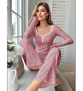 Fantezia Night Kadın Çiçek Desenli Yumuşak Pamuklu Uzun Pijama Takımı 5132
