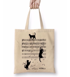 Notalar Müzik Cat Kedi Komik Bez Çanta Uzun Saplı