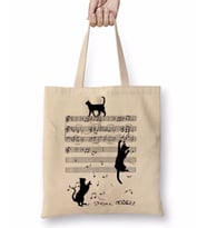 Notalar Müzik Cat Kedi Komik Bez Çanta Uzun Saplı