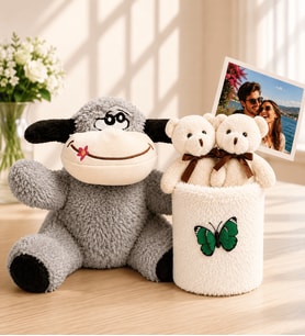 Kişiye Özel Fotoğraflı 2'li Peluş Ayıcık Buketi ve Peluş Eşek Hediye Seti