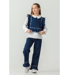 Miniğimin Cicileri Fırfır Detaylı Kotlu Kız Çocuk 3 lü Takım - Koyu Mavi
