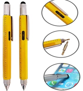 Özel Üretim Çok Fonksiyonlu Tükenmez Teknik Kalem – Cetvelli, Tornavidalı, Su Terazili, Touchpen Dokunmatik Uçlu, Mimar ve Mühendisler Için Pratik Hediyelik Kalem (Sarı)