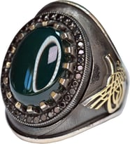 Erkekler için Gümüş Yüzük - Doğal Jade Taşı ile Osmanlı Tuğra Tasarımı