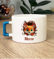 Kişiye Özel 3D Efetkli Tatlı Tilki Hediye Lüks Fincan İsimli İsim Yazılı (Mavi)