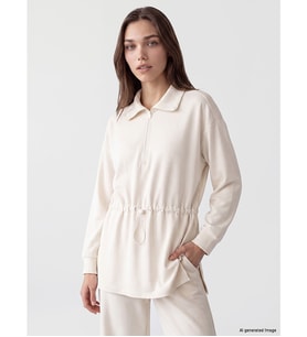 LCW Modest Bej Dik Yaka Oversize Kadın Sweatshirt Tunik