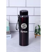 1 Litre Paslanmaz Çelik Takım Baskılı Termos  12 Saat Sıcak Soğuk Tutma  Dayanıklı Yapı (Siyah)