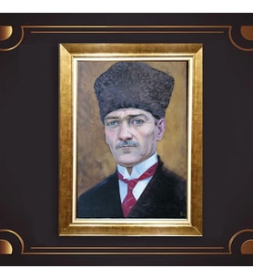 Altın Varaklı Çerçeveli Paspartulu Atatürk Tablo nl02A407 (Gold)