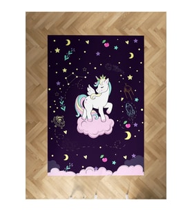 MEKTA HOME BEBEK VE ÇOCUK ODASI Pembe Bulut Üzerinde Unicorn Desenli Mor Halı