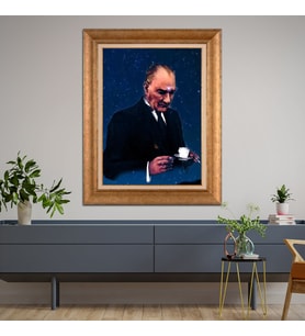 Altın Varaklı Çerçeveli Paspartulu Atatürk Tablo TR1143 (Gold)