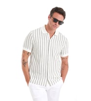 Beyaz Regular Fit Çizgili Polo Yaka Pamuklu Tişört
