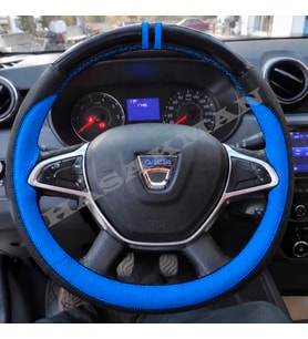 Dacia Logan Dikme Direksiyon Kılıfı Parlak Siyah Mavi Detaylı Mavi Çift Yüzük ve Dikiş 2017-2020