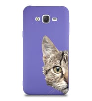 Samsung Galaxy J7 Core Uyumlu Lansman Kılıf Catface Tasarımlı İçi Kadife Kapak-Mor (Şeffaf)