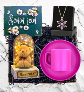 Size Özel Led Işıklı Ayıcıklı Fanus, Pembe Kahve Fincanı ve Lotus Kolye Hediye Seti